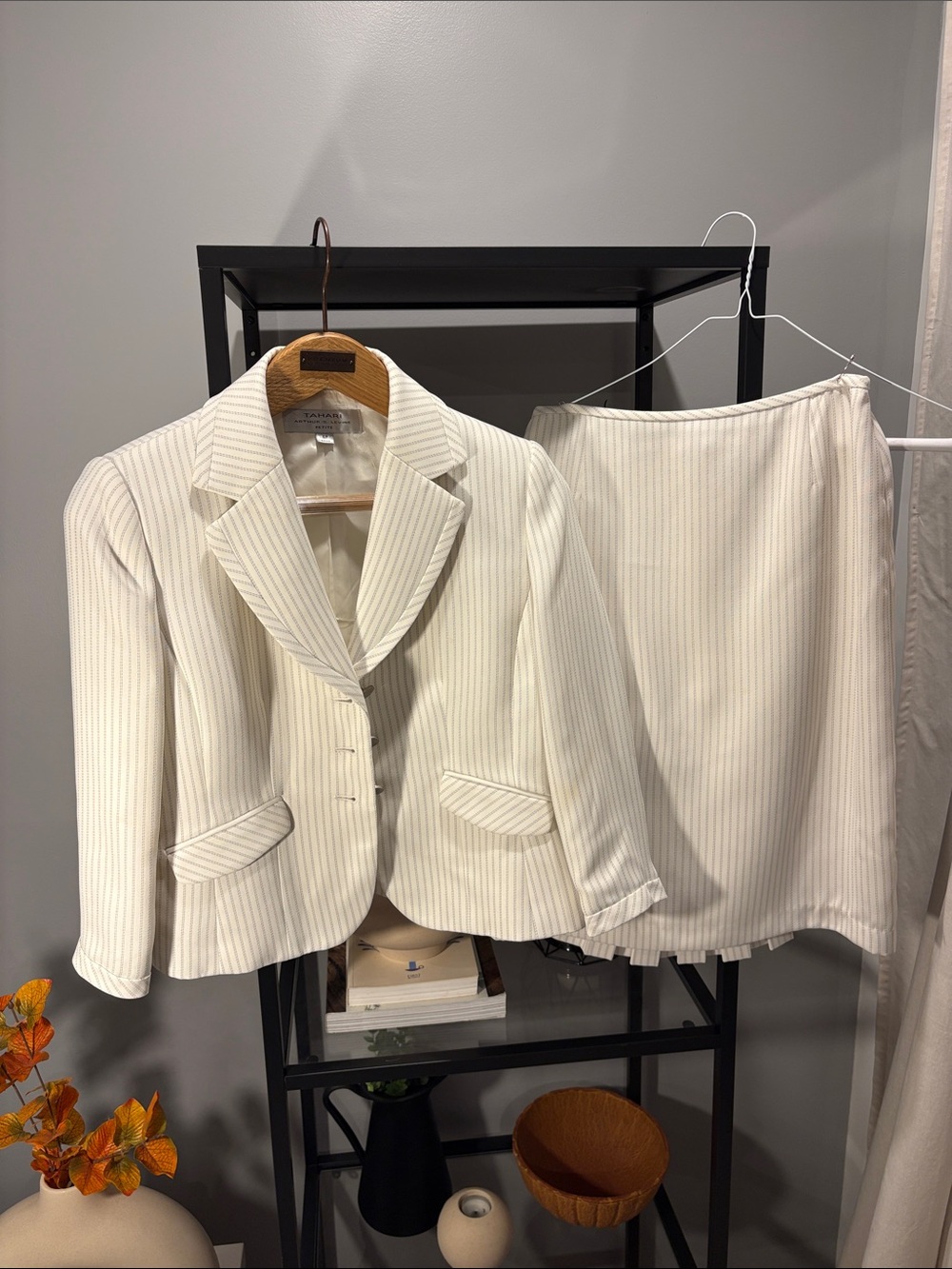 190 Tahari Ivory Pinstripe Blazer and Skirt Set